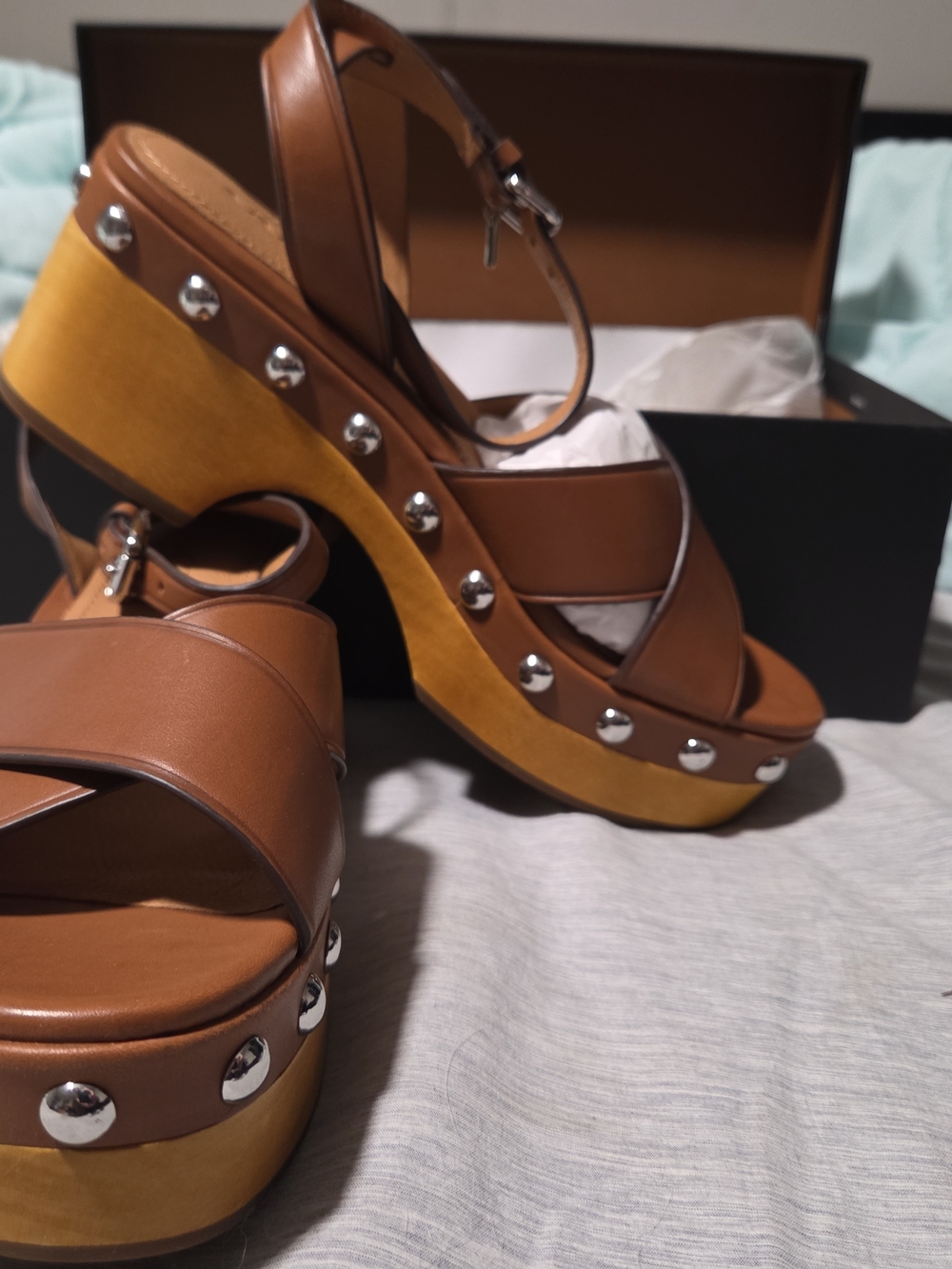 Coach Brown Leather Studded Platform Sandals
